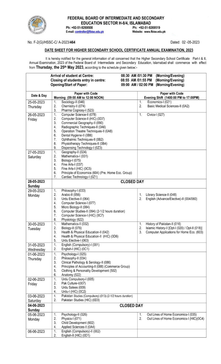 FBISE Date Sheet 2023 Class 12 Federal Board Lo Result